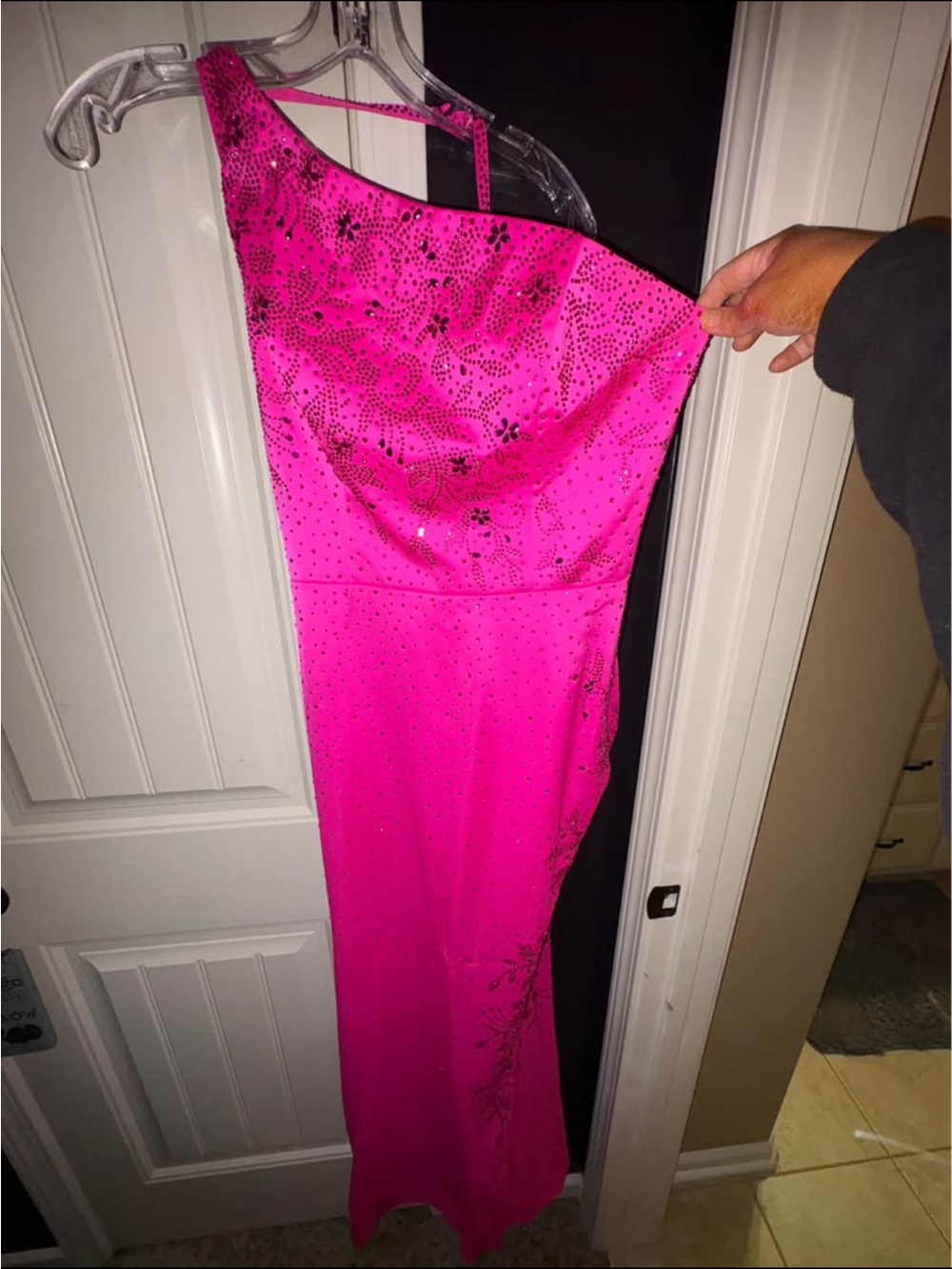 2 Cute One-Shoulder Hot Pink Prom Gown with Sparkle